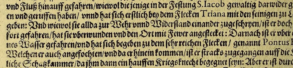 An illustration from Continuatio Americae, das ist: Forsetzung der Historien von der Newen Welt, oder Nidergängischen Indien, waran es auff diese Zeit noch anhero ermangelt. : Darinnen erstlich ein sattsame vnd gründtliche Beschreibung dess Newen Engellandts, welches die Englische das new erfundene Landt nennen, so bisscher noch nicht an Tag kommen. Zum andern, ein aussführlichere Erzehlung von Beschaffenheit der Landtschafften Virginia, Brasilia, Guiana, vnd Insul Bermuda, deren man bisshero schlechte vnd vnvollkommene Wissenschafft gehabt. Drittens, gantz newer aber doch warhafftiger Bericht, von dem bissher noch vnerkanten grossen Theil dess Erdekreises, Terra Australis oder Incognita, daruon noch in keiner Reise Schiffarth meldung beschehen. Sampt allem dem jenigen, was in einer vnd andern beschriebenen Landtschafft, nichts auss gescheiden, denckwürdigs zu sehen, vnd mit Luft vnd Verwunderung anzuhören. Am Ende ist vmb Gleichheit der Materien willen, hierbey gefügt ein weitläufftiger Discurs, wie die Statt S. Saluator vnnd Baia in gewunnen worden. Alles mit beygefügten Kupfferstücken vnd zu gehörigen gantz newen luftigen Landtschafften, erläutert vnd geziert, auch biss auff das 1627. Jahr continuirt, 1627, leaf 80