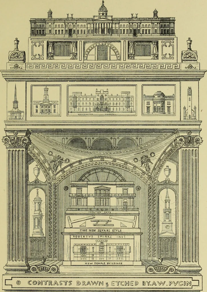 An illustration from Contrasts : or a parallel between the noble edifices of the middle ages, and corresponding buildings of the present day; shewing the present decay of taste. Accompanied by appropriate text, 1898, leaf 118