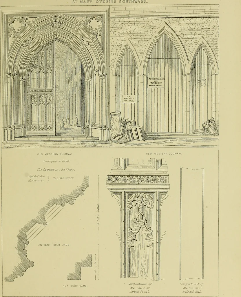 An illustration from Contrasts : or a parallel between the noble edifices of the middle ages, and corresponding buildings of the present day; shewing the present decay of taste. Accompanied by appropriate text, 1898, leaf 148