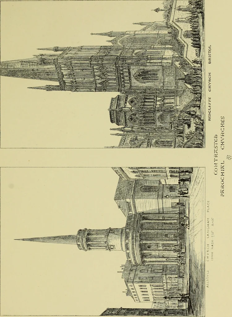 An illustration from Contrasts : or a parallel between the noble edifices of the middle ages, and corresponding buildings of the present day; shewing the present decay of taste. Accompanied by appropriate text, 1898, leaf 150