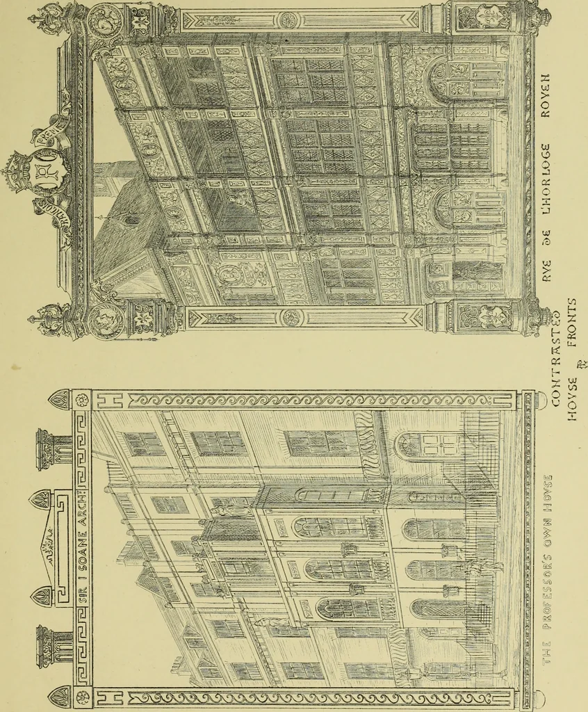 An illustration from Contrasts : or a parallel between the noble edifices of the middle ages, and corresponding buildings of the present day; shewing the present decay of taste. Accompanied by appropriate text, 1898, leaf 152