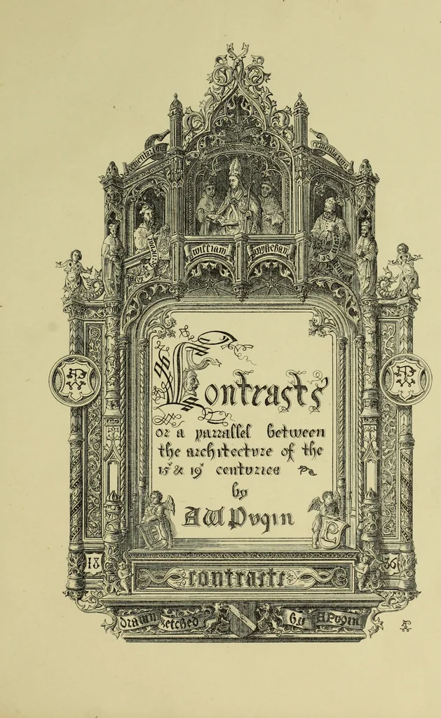 An illustration from Contrasts : or a parallel between the noble edifices of the middle ages, and corresponding buildings of the present day; shewing the present decay of taste. Accompanied by appropriate text, 1898, leaf 4