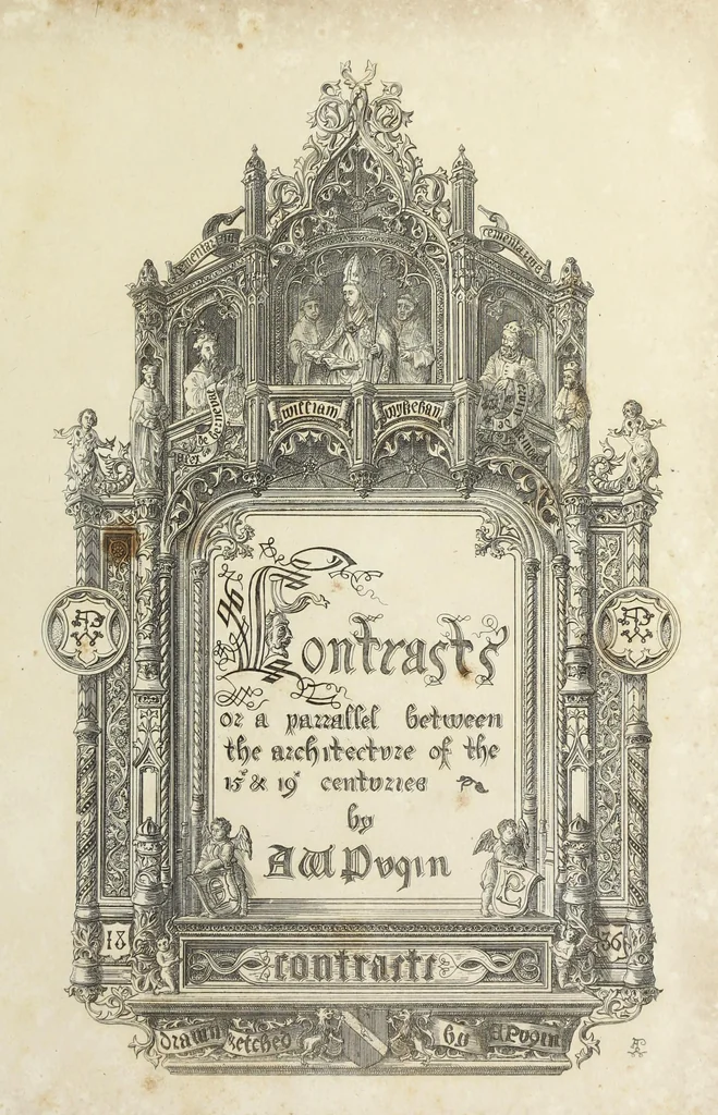 An illustration from Contrasts ; or, A parallel between the noble edifices of the middle ages, and corresponding buildings of the present day, shewing the present decay of taste ; accompanied by appropriate text, 1841, leaf 12