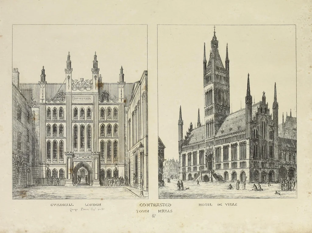 An illustration from Contrasts ; or, A parallel between the noble edifices of the middle ages, and corresponding buildings of the present day, shewing the present decay of taste ; accompanied by appropriate text, 1841, leaf 130