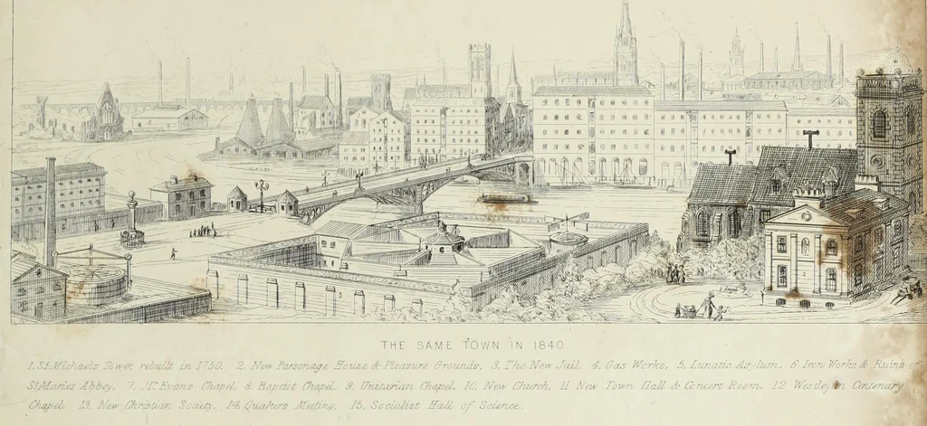 An illustration from Contrasts ; or, A parallel between the noble edifices of the middle ages, and corresponding buildings of the present day, shewing the present decay of taste ; accompanied by appropriate text, 1841, leaf 142