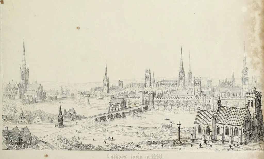 An illustration from Contrasts ; or, A parallel between the noble edifices of the middle ages, and corresponding buildings of the present day, shewing the present decay of taste ; accompanied by appropriate text, 1841, leaf 142
