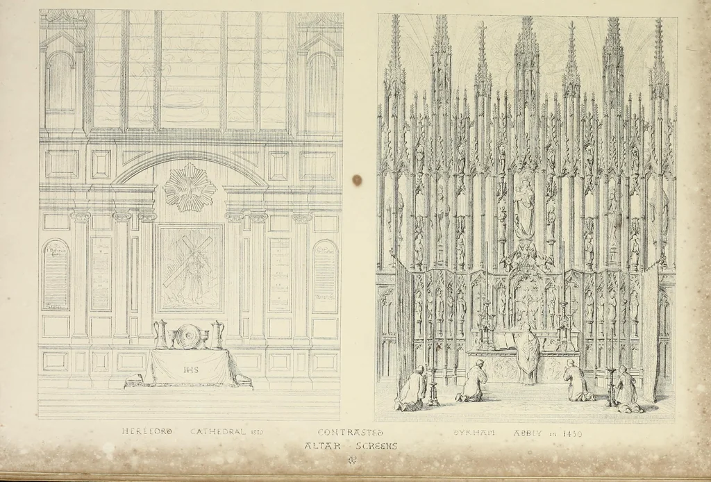An illustration from Contrasts ; or, A parallel between the noble edifices of the middle ages, and corresponding buildings of the present day, shewing the present decay of taste ; accompanied by appropriate text, 1841, leaf 154