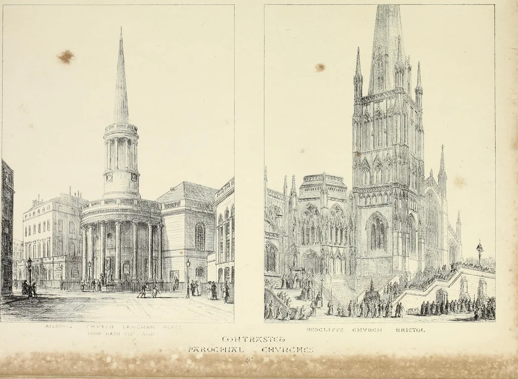 An illustration from Contrasts ; or, A parallel between the noble edifices of the middle ages, and corresponding buildings of the present day, shewing the present decay of taste ; accompanied by appropriate text, 1841, leaf 162