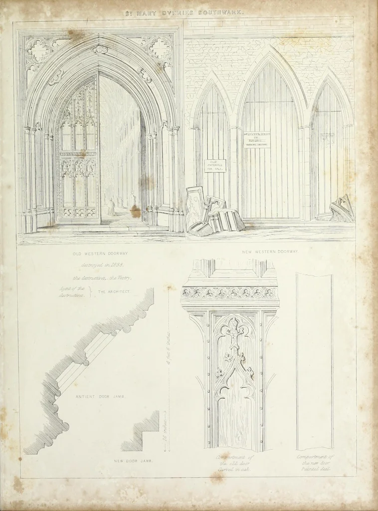An illustration from Contrasts ; or, A parallel between the noble edifices of the middle ages, and corresponding buildings of the present day, shewing the present decay of taste ; accompanied by appropriate text, 1841, leaf 170