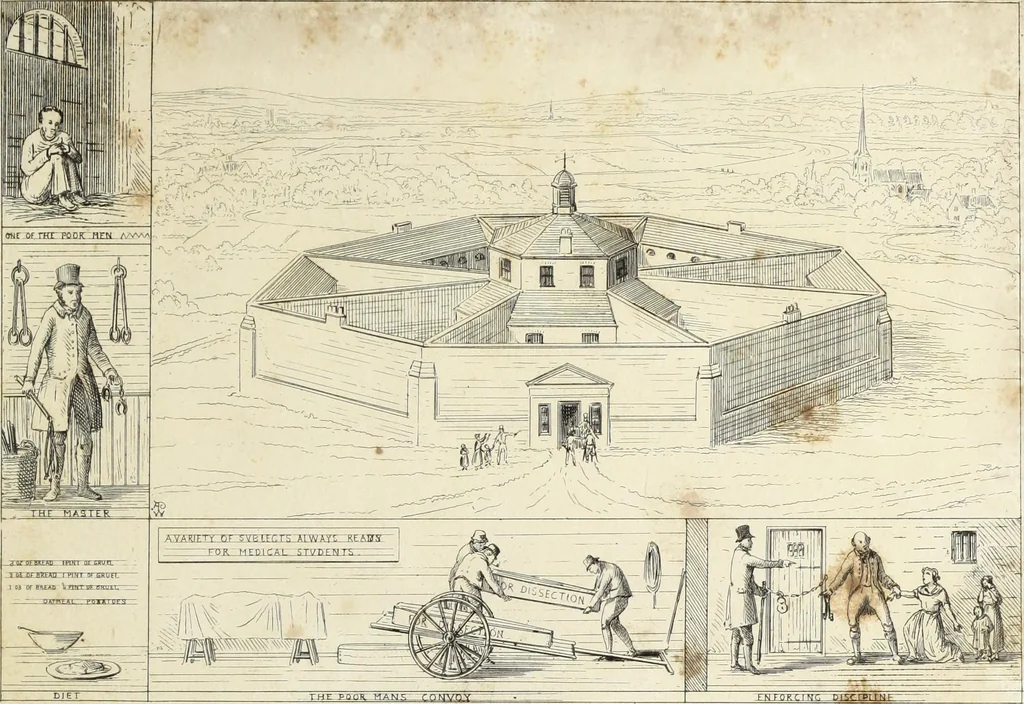 An illustration from Contrasts ; or, A parallel between the noble edifices of the middle ages, and corresponding buildings of the present day, shewing the present decay of taste ; accompanied by appropriate text, 1841, leaf 172