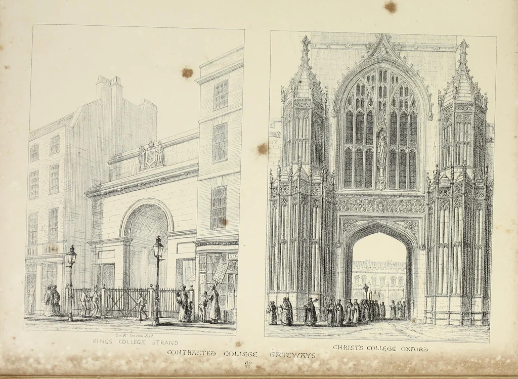An illustration from Contrasts ; or, A parallel between the noble edifices of the middle ages, and corresponding buildings of the present day, shewing the present decay of taste ; accompanied by appropriate text, 1841, leaf 176