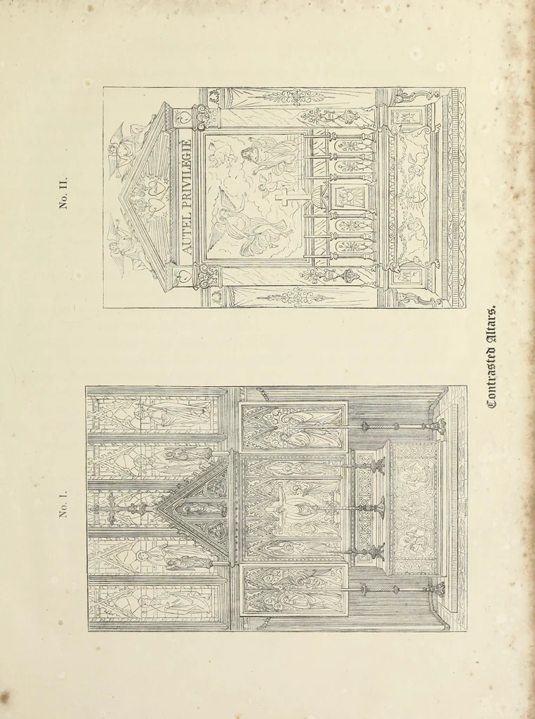 An illustration from Contrasts ; or, A parallel between the noble edifices of the middle ages, and corresponding buildings of the present day, shewing the present decay of taste ; accompanied by appropriate text, 1841, leaf 36