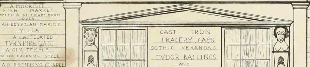 An illustration from Contrasts ; or, A parallel between the noble edifices of the middle ages, and corresponding buildings of the present day, shewing the present decay of taste ; accompanied by appropriate text, 1841, leaf 6
