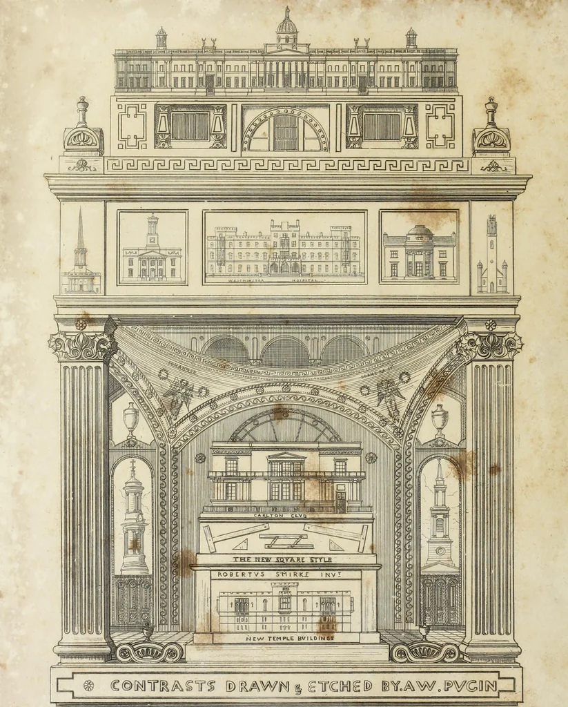 An illustration from Contrasts ; or, A parallel between the noble edifices of the middle ages, and corresponding buildings of the present day, shewing the present decay of taste ; accompanied by appropriate text, 1841, leaf 9