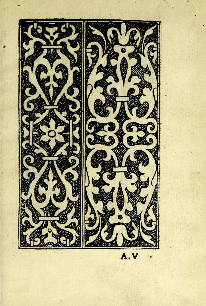 An illustration from Conuiuio dele belle donne : doue con li nuoui recami & lauorieri co[n] giusta misura compassati et non piu veduti de immortalitate con l'ingegno suo farsene degne si puole, acquistando tra le nobile, con propie mani mediante questo nuouo nostro conuiuio loco a se nobilissimo, 1531, leaf 15