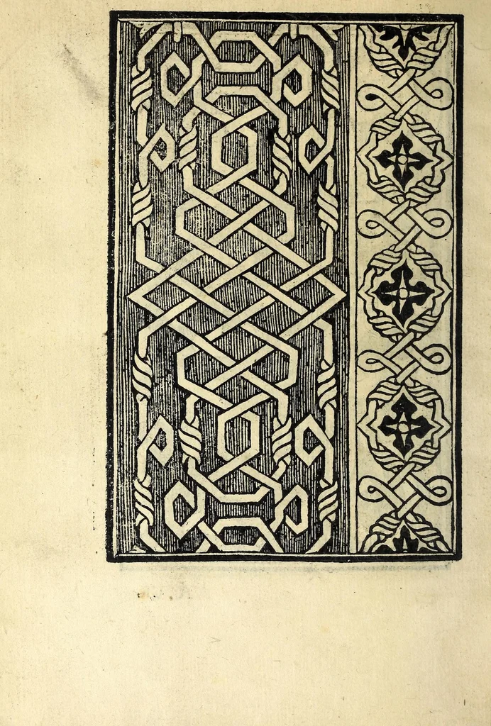 An illustration from Conuiuio dele belle donne : doue con li nuoui recami & lauorieri co[n] giusta misura compassati et non piu veduti de immortalitate con l'ingegno suo farsene degne si puole, acquistando tra le nobile, con propie mani mediante questo nuouo nostro conuiuio loco a se nobilissimo, 1531, leaf 18