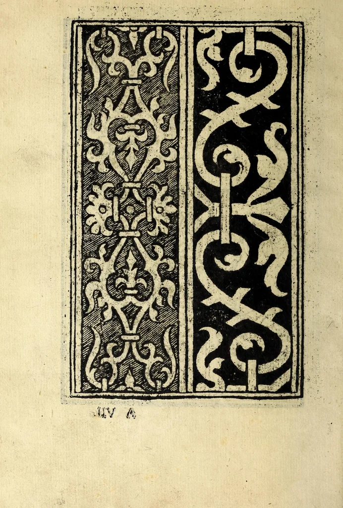 An illustration from Conuiuio dele belle donne : doue con li nuoui recami & lauorieri co[n] giusta misura compassati et non piu veduti de immortalitate con l'ingegno suo farsene degne si puole, acquistando tra le nobile, con propie mani mediante questo nuouo nostro conuiuio loco a se nobilissimo, 1531, leaf 20