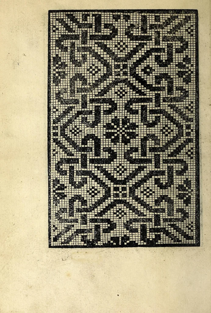 An illustration from Conuiuio dele belle donne : doue con li nuoui recami & lauorieri co[n] giusta misura compassati et non piu veduti de immortalitate con l'ingegno suo farsene degne si puole, acquistando tra le nobile, con propie mani mediante questo nuouo nostro conuiuio loco a se nobilissimo, 1531, leaf 30