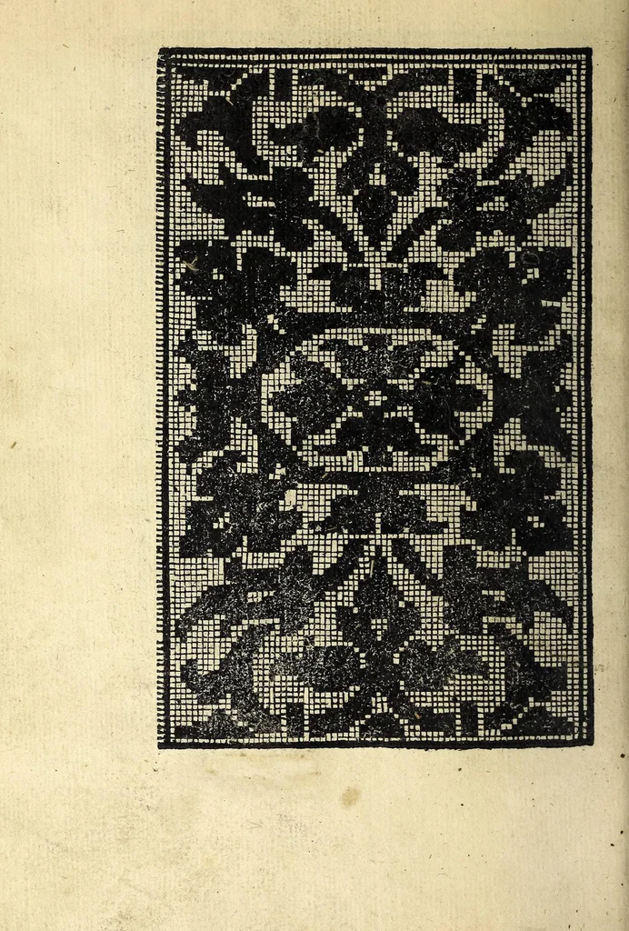 An illustration from Conuiuio dele belle donne : doue con li nuoui recami & lauorieri co[n] giusta misura compassati et non piu veduti de immortalitate con l'ingegno suo farsene degne si puole, acquistando tra le nobile, con propie mani mediante questo nuouo nostro conuiuio loco a se nobilissimo, 1531, leaf 42