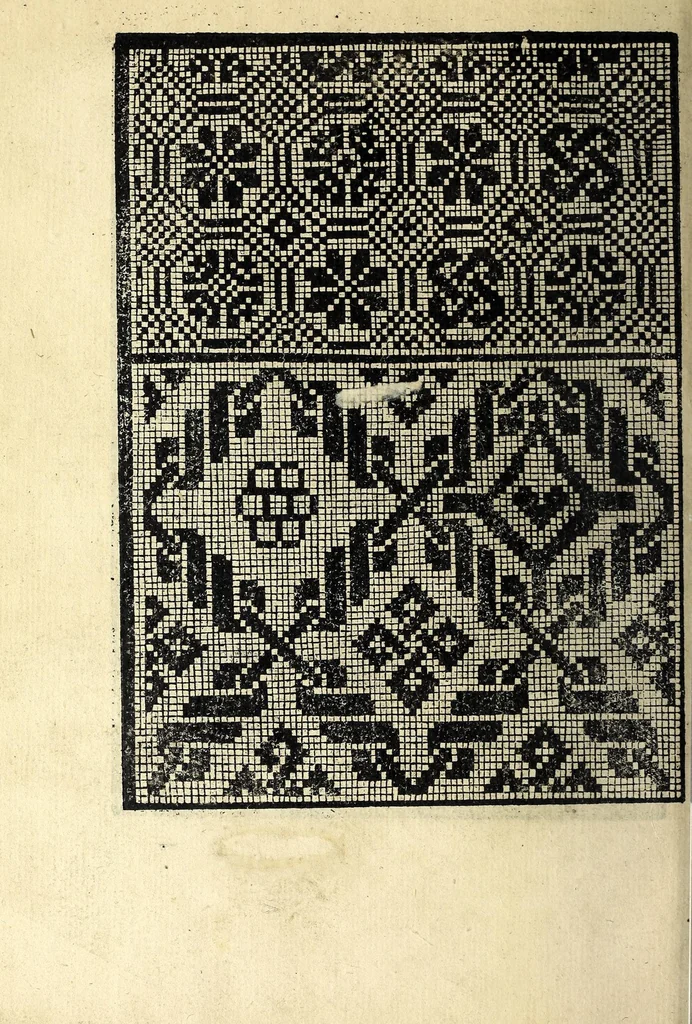 An illustration from Conuiuio dele belle donne : doue con li nuoui recami & lauorieri co[n] giusta misura compassati et non piu veduti de immortalitate con l'ingegno suo farsene degne si puole, acquistando tra le nobile, con propie mani mediante questo nuouo nostro conuiuio loco a se nobilissimo, 1531, leaf 44