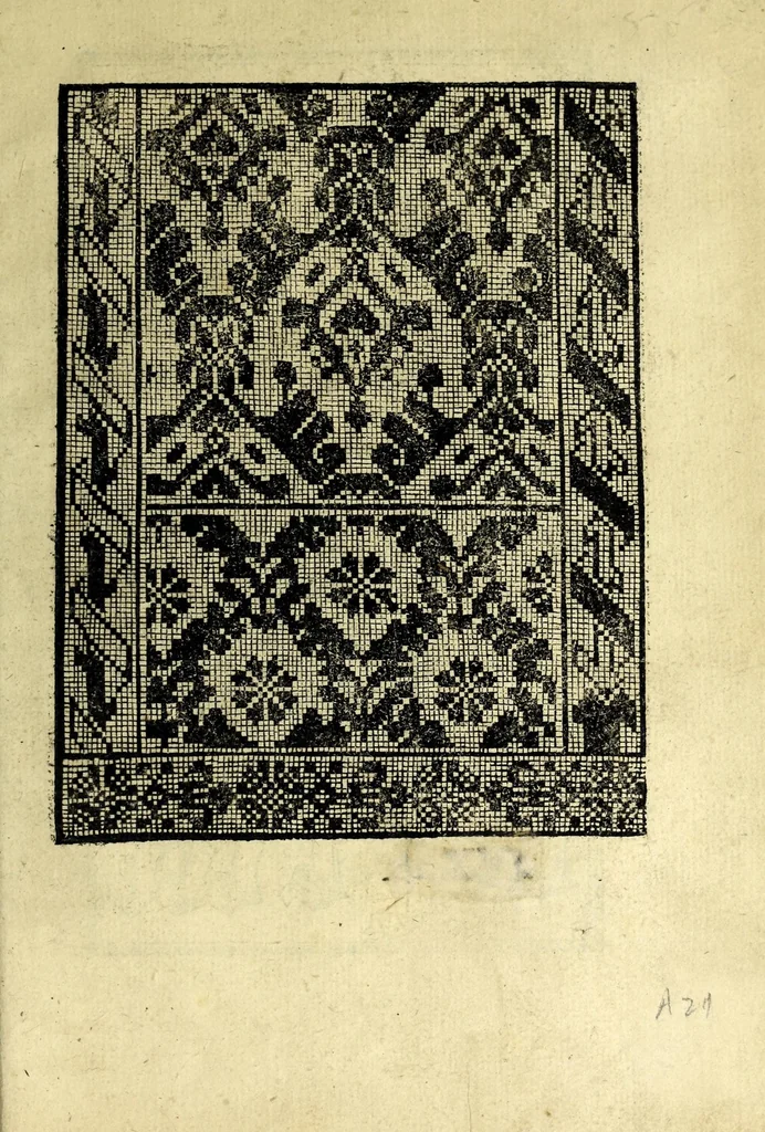 An illustration from Conuiuio dele belle donne : doue con li nuoui recami & lauorieri co[n] giusta misura compassati et non piu veduti de immortalitate con l'ingegno suo farsene degne si puole, acquistando tra le nobile, con propie mani mediante questo nuouo nostro conuiuio loco a se nobilissimo, 1531, leaf 47