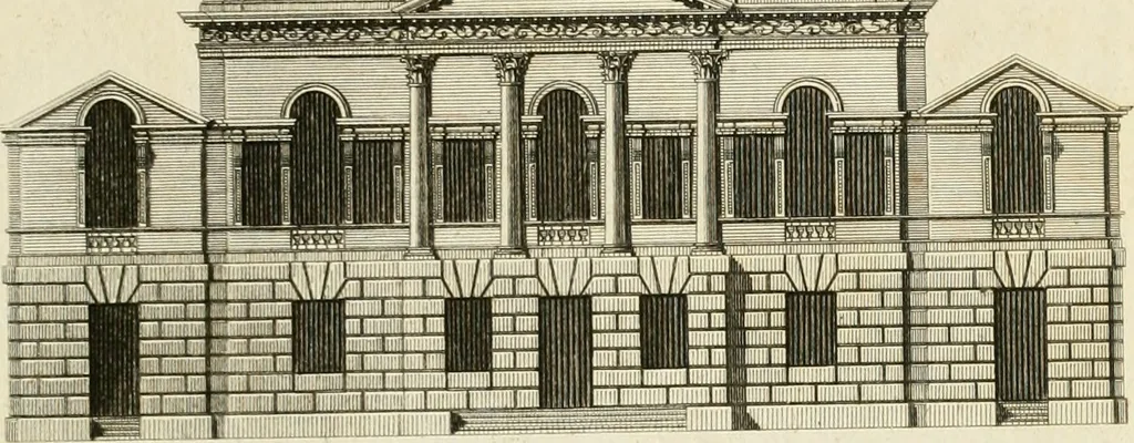 An illustration from Convenient and ornamental architecture, consisting of original designs, for plans, elevations and sections, beginning with the farm house, and regularly ascending to the most grand and magnificent villa : calculated both for town and country, and to suit all persons in every station of life : engraved on seventy copper plates : with reference and explanation in the letter press, of the use of every room in each separate building, and the dimensions accurately figured on the plans, with exact scales for measurement, 1797, leaf 100