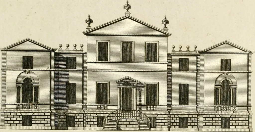 An illustration from Convenient and ornamental architecture, consisting of original designs, for plans, elevations and sections, beginning with the farm house, and regularly ascending to the most grand and magnificent villa : calculated both for town and country, and to suit all persons in every station of life : engraved on seventy copper plates : with reference and explanation in the letter press, of the use of every room in each separate building, and the dimensions accurately figured on the plans, with exact scales for measurement, 1797, leaf 102