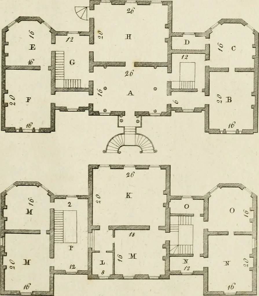 An illustration from Convenient and ornamental architecture, consisting of original designs, for plans, elevations and sections, beginning with the farm house, and regularly ascending to the most grand and magnificent villa : calculated both for town and country, and to suit all persons in every station of life : engraved on seventy copper plates : with reference and explanation in the letter press, of the use of every room in each separate building, and the dimensions accurately figured on the plans, with exact scales for measurement, 1797, leaf 102