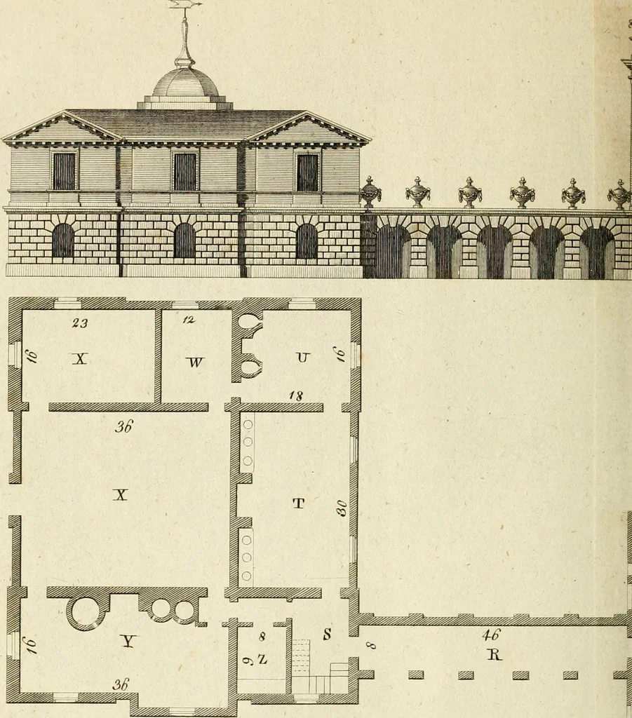 An illustration from Convenient and ornamental architecture, consisting of original designs, for plans, elevations and sections, beginning with the farm house, and regularly ascending to the most grand and magnificent villa : calculated both for town and country, and to suit all persons in every station of life : engraved on seventy copper plates : with reference and explanation in the letter press, of the use of every room in each separate building, and the dimensions accurately figured on the plans, with exact scales for measurement, 1797, leaf 105