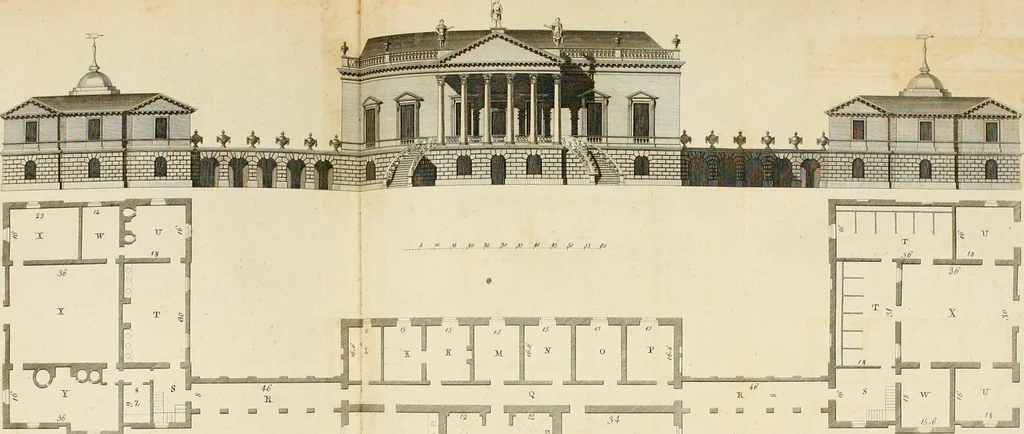 An illustration from Convenient and ornamental architecture, consisting of original designs, for plans, elevations and sections, beginning with the farm house, and regularly ascending to the most grand and magnificent villa : calculated both for town and country, and to suit all persons in every station of life : engraved on seventy copper plates : with reference and explanation in the letter press, of the use of every room in each separate building, and the dimensions accurately figured on the plans, with exact scales for measurement, 1797, leaf 107