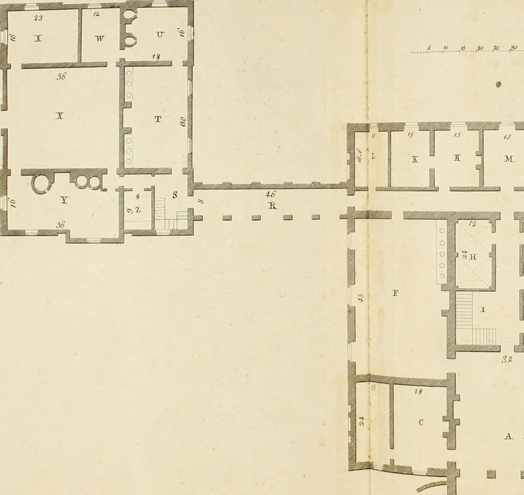 An illustration from Convenient and ornamental architecture, consisting of original designs, for plans, elevations and sections, beginning with the farm house, and regularly ascending to the most grand and magnificent villa : calculated both for town and country, and to suit all persons in every station of life : engraved on seventy copper plates : with reference and explanation in the letter press, of the use of every room in each separate building, and the dimensions accurately figured on the plans, with exact scales for measurement, 1797, leaf 107