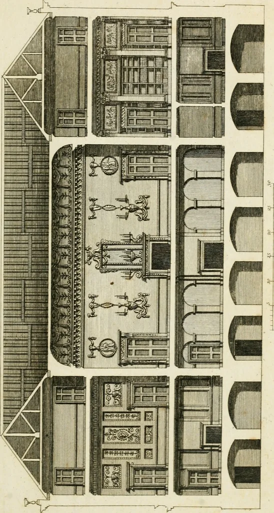 An illustration from Convenient and ornamental architecture, consisting of original designs, for plans, elevations and sections, beginning with the farm house, and regularly ascending to the most grand and magnificent villa : calculated both for town and country, and to suit all persons in every station of life : engraved on seventy copper plates : with reference and explanation in the letter press, of the use of every room in each separate building, and the dimensions accurately figured on the plans, with exact scales for measurement, 1797, leaf 110