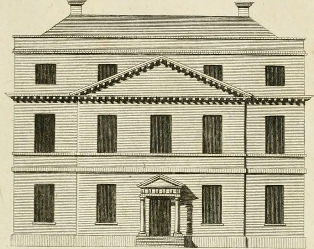 An illustration from Convenient and ornamental architecture, consisting of original designs, for plans, elevations and sections, beginning with the farm house, and regularly ascending to the most grand and magnificent villa : calculated both for town and country, and to suit all persons in every station of life : engraved on seventy copper plates : with reference and explanation in the letter press, of the use of every room in each separate building, and the dimensions accurately figured on the plans, with exact scales for measurement, 1797, leaf 112