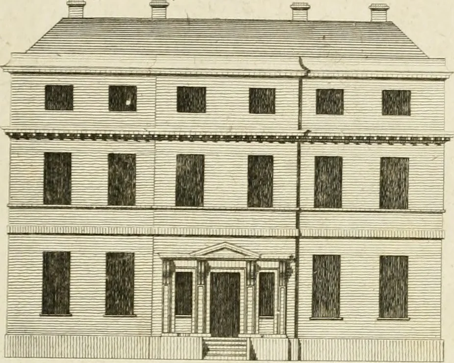 An illustration from Convenient and ornamental architecture, consisting of original designs, for plans, elevations and sections, beginning with the farm house, and regularly ascending to the most grand and magnificent villa : calculated both for town and country, and to suit all persons in every station of life : engraved on seventy copper plates : with reference and explanation in the letter press, of the use of every room in each separate building, and the dimensions accurately figured on the plans, with exact scales for measurement, 1797, leaf 116