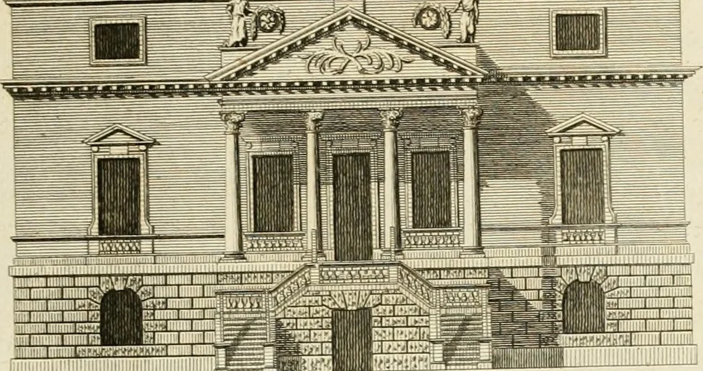 An illustration from Convenient and ornamental architecture, consisting of original designs, for plans, elevations and sections, beginning with the farm house, and regularly ascending to the most grand and magnificent villa : calculated both for town and country, and to suit all persons in every station of life : engraved on seventy copper plates : with reference and explanation in the letter press, of the use of every room in each separate building, and the dimensions accurately figured on the plans, with exact scales for measurement, 1797, leaf 118