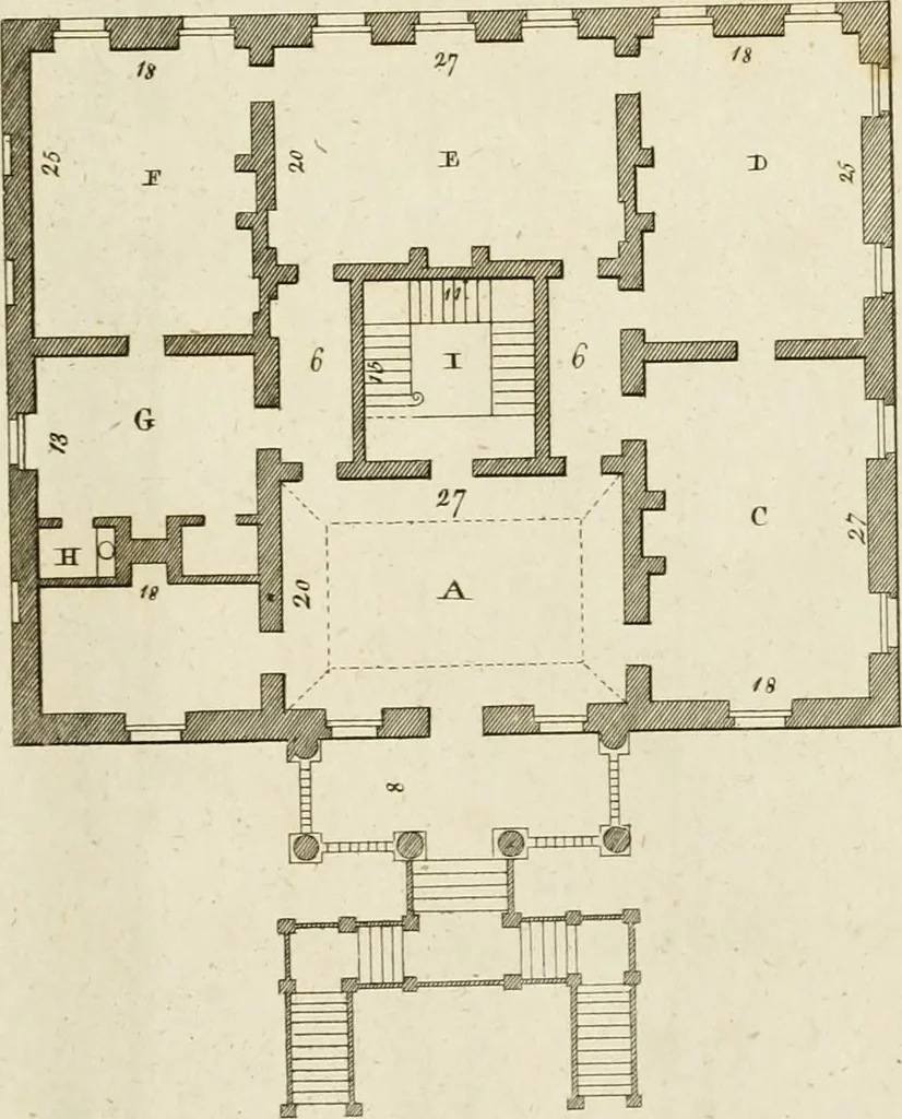 An illustration from Convenient and ornamental architecture, consisting of original designs, for plans, elevations and sections, beginning with the farm house, and regularly ascending to the most grand and magnificent villa : calculated both for town and country, and to suit all persons in every station of life : engraved on seventy copper plates : with reference and explanation in the letter press, of the use of every room in each separate building, and the dimensions accurately figured on the plans, with exact scales for measurement, 1797, leaf 118