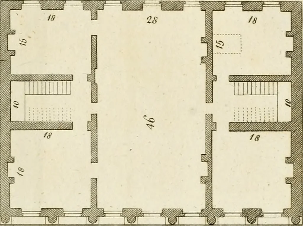 An illustration from Convenient and ornamental architecture, consisting of original designs, for plans, elevations and sections, beginning with the farm house, and regularly ascending to the most grand and magnificent villa : calculated both for town and country, and to suit all persons in every station of life : engraved on seventy copper plates : with reference and explanation in the letter press, of the use of every room in each separate building, and the dimensions accurately figured on the plans, with exact scales for measurement, 1797, leaf 120