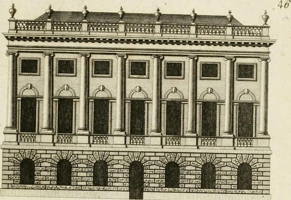 An illustration from Convenient and ornamental architecture, consisting of original designs, for plans, elevations and sections, beginning with the farm house, and regularly ascending to the most grand and magnificent villa : calculated both for town and country, and to suit all persons in every station of life : engraved on seventy copper plates : with reference and explanation in the letter press, of the use of every room in each separate building, and the dimensions accurately figured on the plans, with exact scales for measurement, 1797, leaf 122
