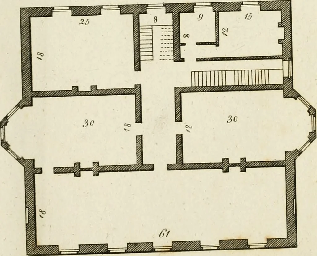 An illustration from Convenient and ornamental architecture, consisting of original designs, for plans, elevations and sections, beginning with the farm house, and regularly ascending to the most grand and magnificent villa : calculated both for town and country, and to suit all persons in every station of life : engraved on seventy copper plates : with reference and explanation in the letter press, of the use of every room in each separate building, and the dimensions accurately figured on the plans, with exact scales for measurement, 1797, leaf 124