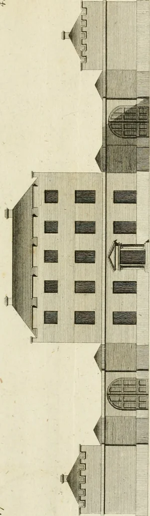 An illustration from Convenient and ornamental architecture, consisting of original designs, for plans, elevations and sections, beginning with the farm house, and regularly ascending to the most grand and magnificent villa : calculated both for town and country, and to suit all persons in every station of life : engraved on seventy copper plates : with reference and explanation in the letter press, of the use of every room in each separate building, and the dimensions accurately figured on the plans, with exact scales for measurement, 1797, leaf 126