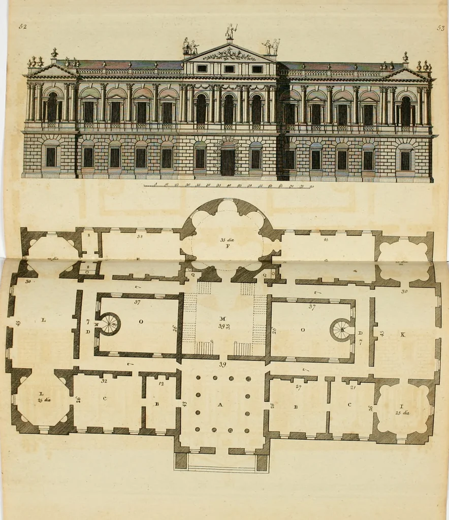 An illustration from Convenient and ornamental architecture, consisting of original designs, for plans, elevations and sections, beginning with the farm house, and regularly ascending to the most grand and magnificent villa : calculated both for town and country, and to suit all persons in every station of life : engraved on seventy copper plates : with reference and explanation in the letter press, of the use of every room in each separate building, and the dimensions accurately figured on the plans, with exact scales for measurement, 1797, leaf 131