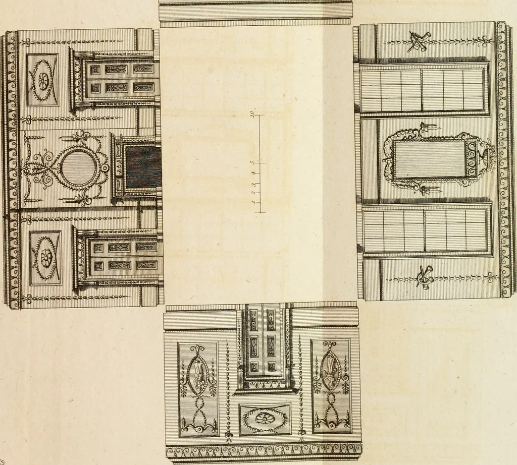 An illustration from Convenient and ornamental architecture, consisting of original designs, for plans, elevations and sections, beginning with the farm house, and regularly ascending to the most grand and magnificent villa : calculated both for town and country, and to suit all persons in every station of life : engraved on seventy copper plates : with reference and explanation in the letter press, of the use of every room in each separate building, and the dimensions accurately figured on the plans, with exact scales for measurement, 1797, leaf 134