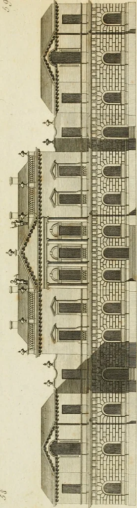 An illustration from Convenient and ornamental architecture, consisting of original designs, for plans, elevations and sections, beginning with the farm house, and regularly ascending to the most grand and magnificent villa : calculated both for town and country, and to suit all persons in every station of life : engraved on seventy copper plates : with reference and explanation in the letter press, of the use of every room in each separate building, and the dimensions accurately figured on the plans, with exact scales for measurement, 1797, leaf 136