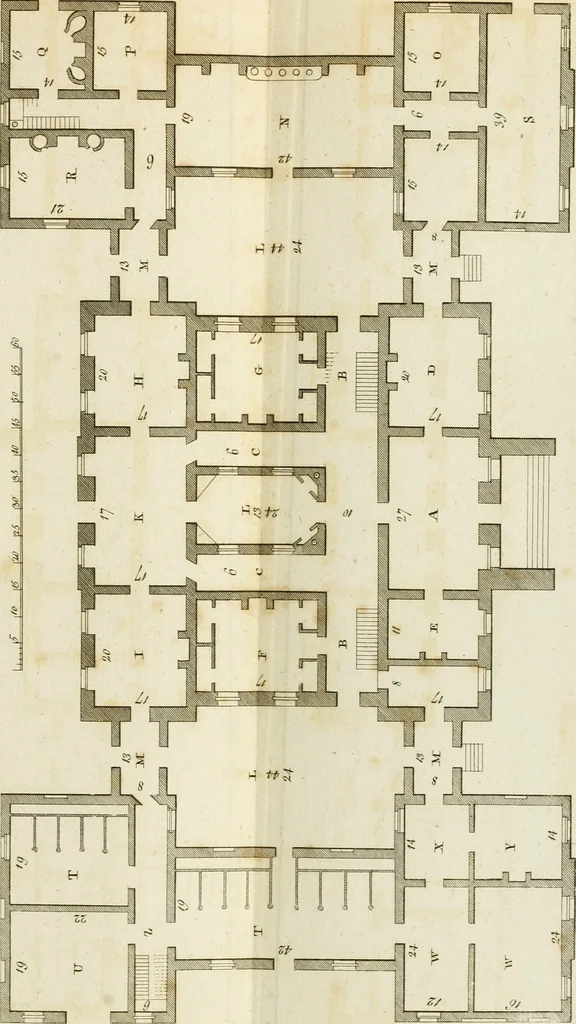 An illustration from Convenient and ornamental architecture, consisting of original designs, for plans, elevations and sections, beginning with the farm house, and regularly ascending to the most grand and magnificent villa : calculated both for town and country, and to suit all persons in every station of life : engraved on seventy copper plates : with reference and explanation in the letter press, of the use of every room in each separate building, and the dimensions accurately figured on the plans, with exact scales for measurement, 1797, leaf 136
