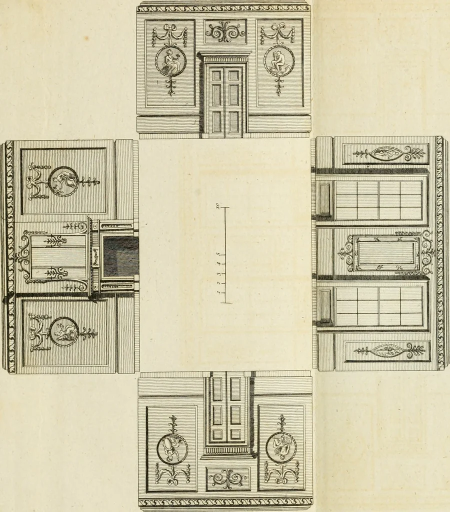 An illustration from Convenient and ornamental architecture, consisting of original designs, for plans, elevations and sections, beginning with the farm house, and regularly ascending to the most grand and magnificent villa : calculated both for town and country, and to suit all persons in every station of life : engraved on seventy copper plates : with reference and explanation in the letter press, of the use of every room in each separate building, and the dimensions accurately figured on the plans, with exact scales for measurement, 1797, leaf 138