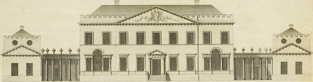 An illustration from Convenient and ornamental architecture, consisting of original designs, for plans, elevations and sections, beginning with the farm house, and regularly ascending to the most grand and magnificent villa : calculated both for town and country, and to suit all persons in every station of life : engraved on seventy copper plates : with reference and explanation in the letter press, of the use of every room in each separate building, and the dimensions accurately figured on the plans, with exact scales for measurement, 1797, leaf 140
