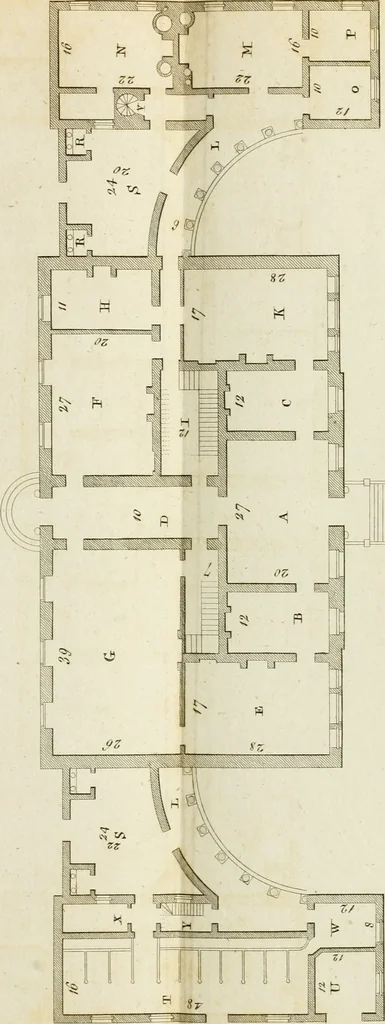 An illustration from Convenient and ornamental architecture, consisting of original designs, for plans, elevations and sections, beginning with the farm house, and regularly ascending to the most grand and magnificent villa : calculated both for town and country, and to suit all persons in every station of life : engraved on seventy copper plates : with reference and explanation in the letter press, of the use of every room in each separate building, and the dimensions accurately figured on the plans, with exact scales for measurement, 1797, leaf 140