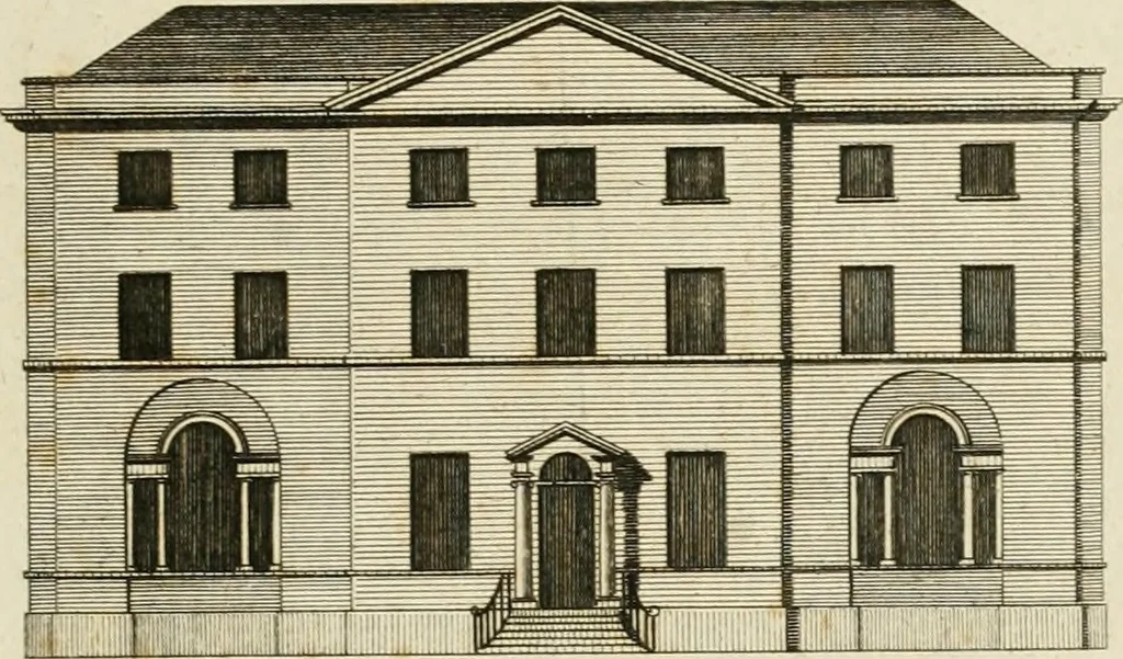 An illustration from Convenient and ornamental architecture, consisting of original designs, for plans, elevations and sections, beginning with the farm house, and regularly ascending to the most grand and magnificent villa : calculated both for town and country, and to suit all persons in every station of life : engraved on seventy copper plates : with reference and explanation in the letter press, of the use of every room in each separate building, and the dimensions accurately figured on the plans, with exact scales for measurement, 1797, leaf 142