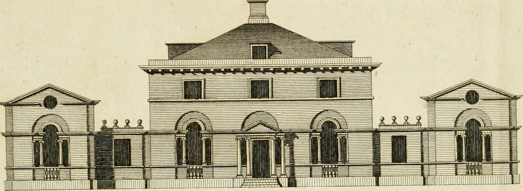 An illustration from Convenient and ornamental architecture, consisting of original designs, for plans, elevations and sections, beginning with the farm house, and regularly ascending to the most grand and magnificent villa : calculated both for town and country, and to suit all persons in every station of life : engraved on seventy copper plates : with reference and explanation in the letter press, of the use of every room in each separate building, and the dimensions accurately figured on the plans, with exact scales for measurement, 1797, leaf 144