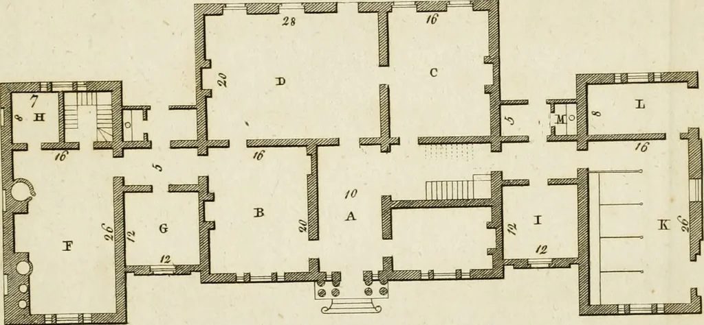 An illustration from Convenient and ornamental architecture, consisting of original designs, for plans, elevations and sections, beginning with the farm house, and regularly ascending to the most grand and magnificent villa : calculated both for town and country, and to suit all persons in every station of life : engraved on seventy copper plates : with reference and explanation in the letter press, of the use of every room in each separate building, and the dimensions accurately figured on the plans, with exact scales for measurement, 1797, leaf 144